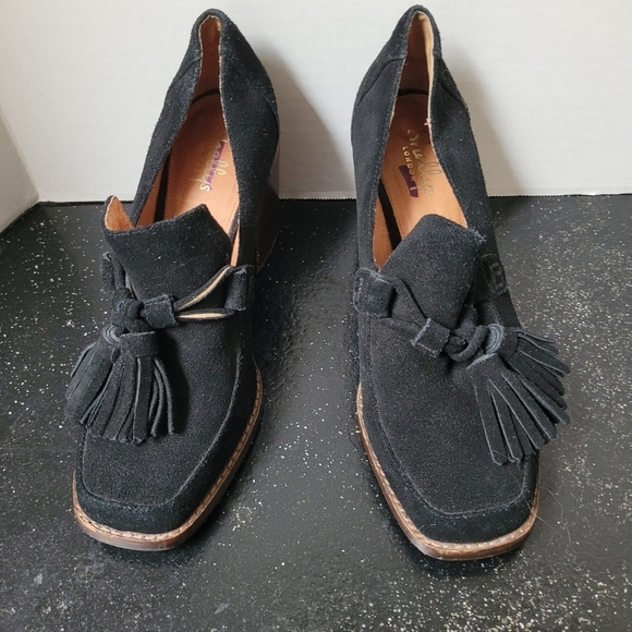 Shellys London Greenford Black Suede Heeled Loafers - Picture 2 of 8
